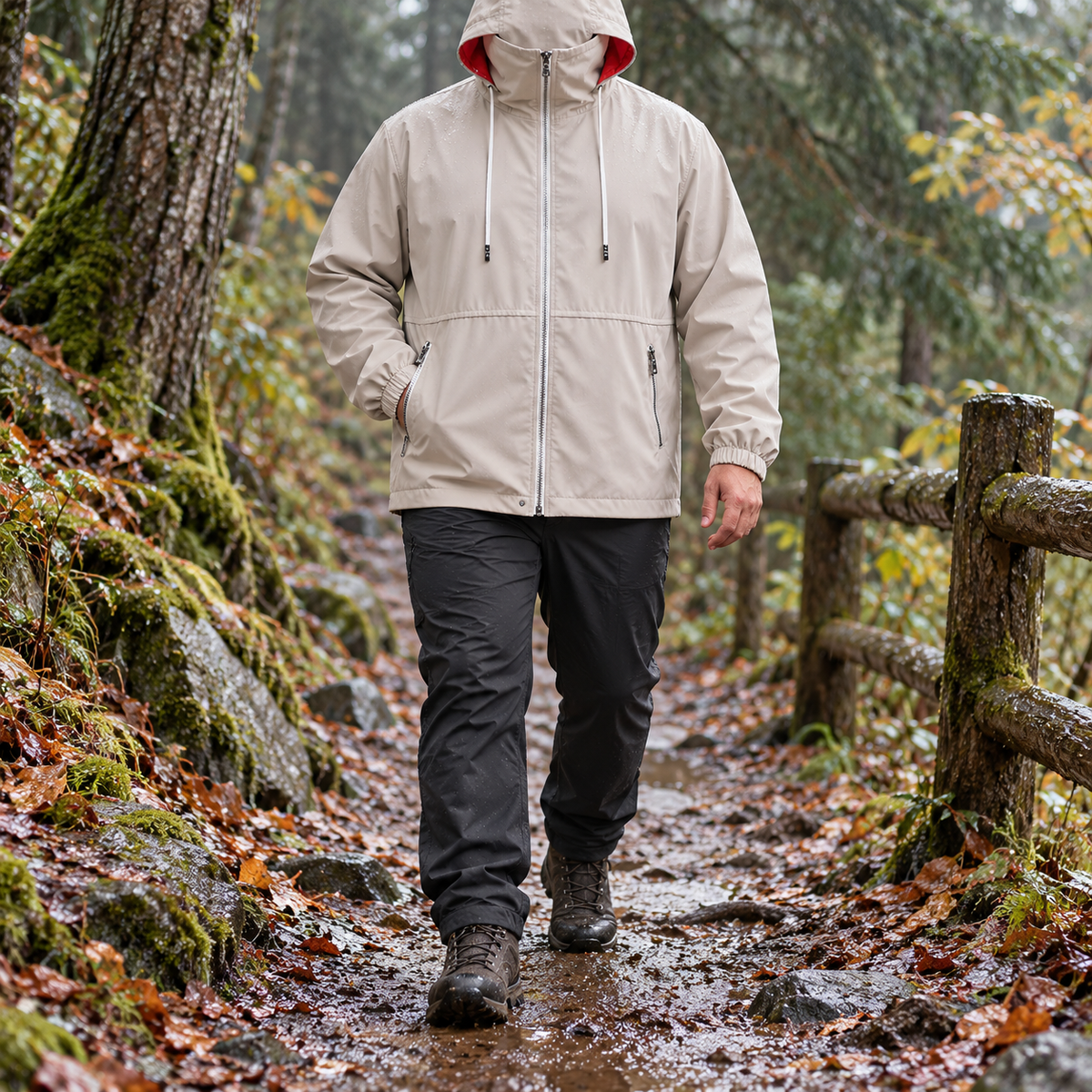 Veste randonnée imperméable grande taille beige portée sur un sentier humide