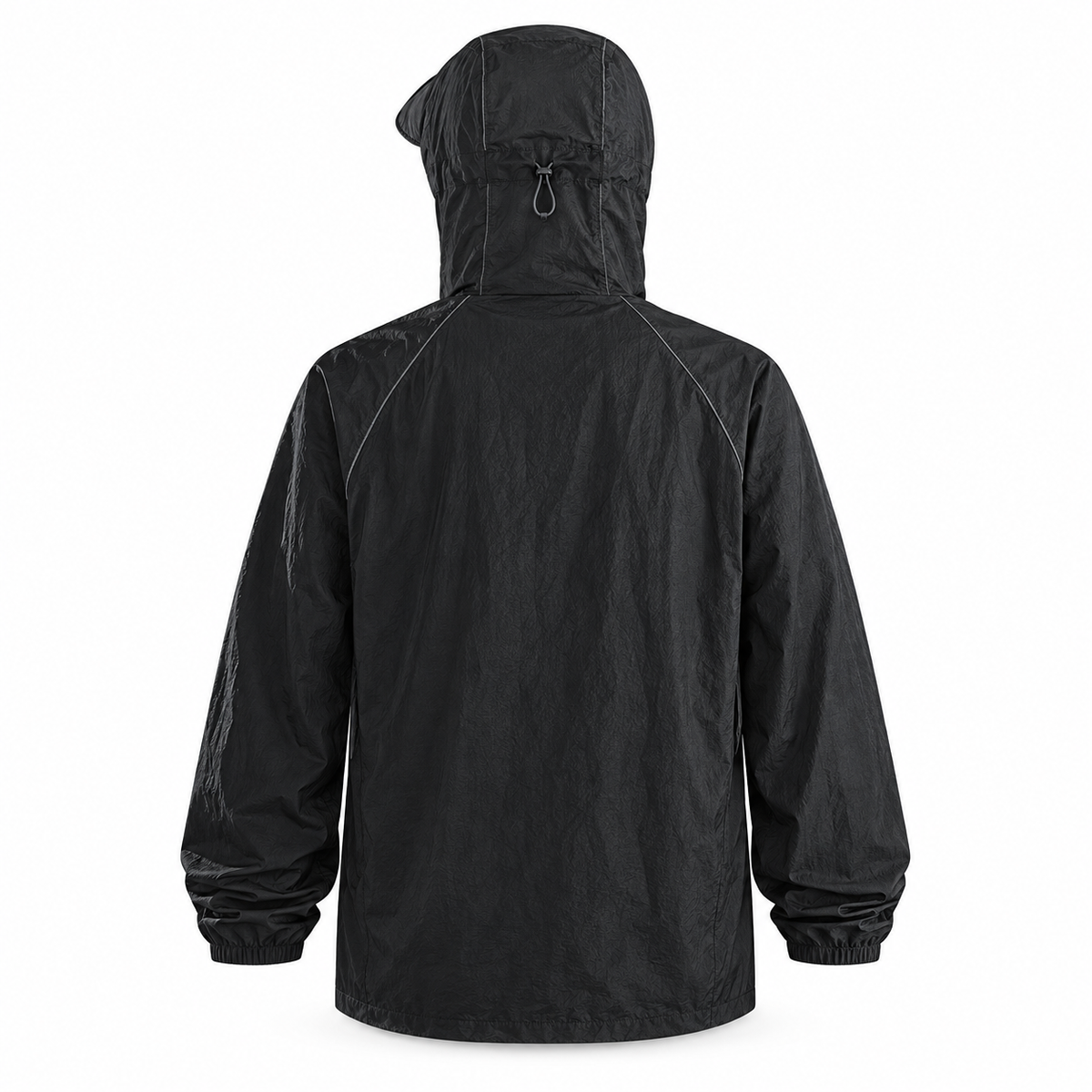 Vue arrière de la veste de randonnée imperméable noire à capuche