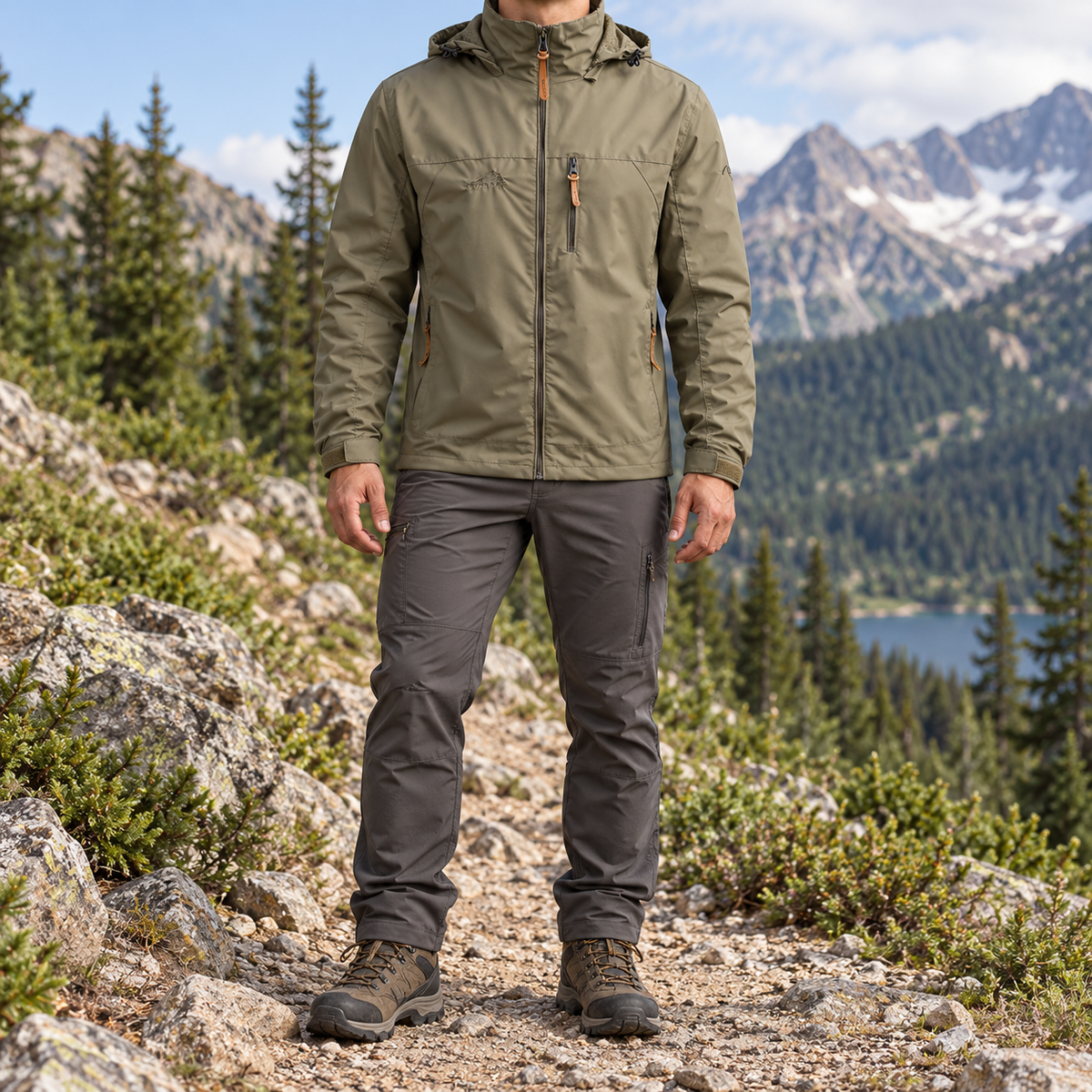 Veste de randonnée kaki portée de face sur sentier