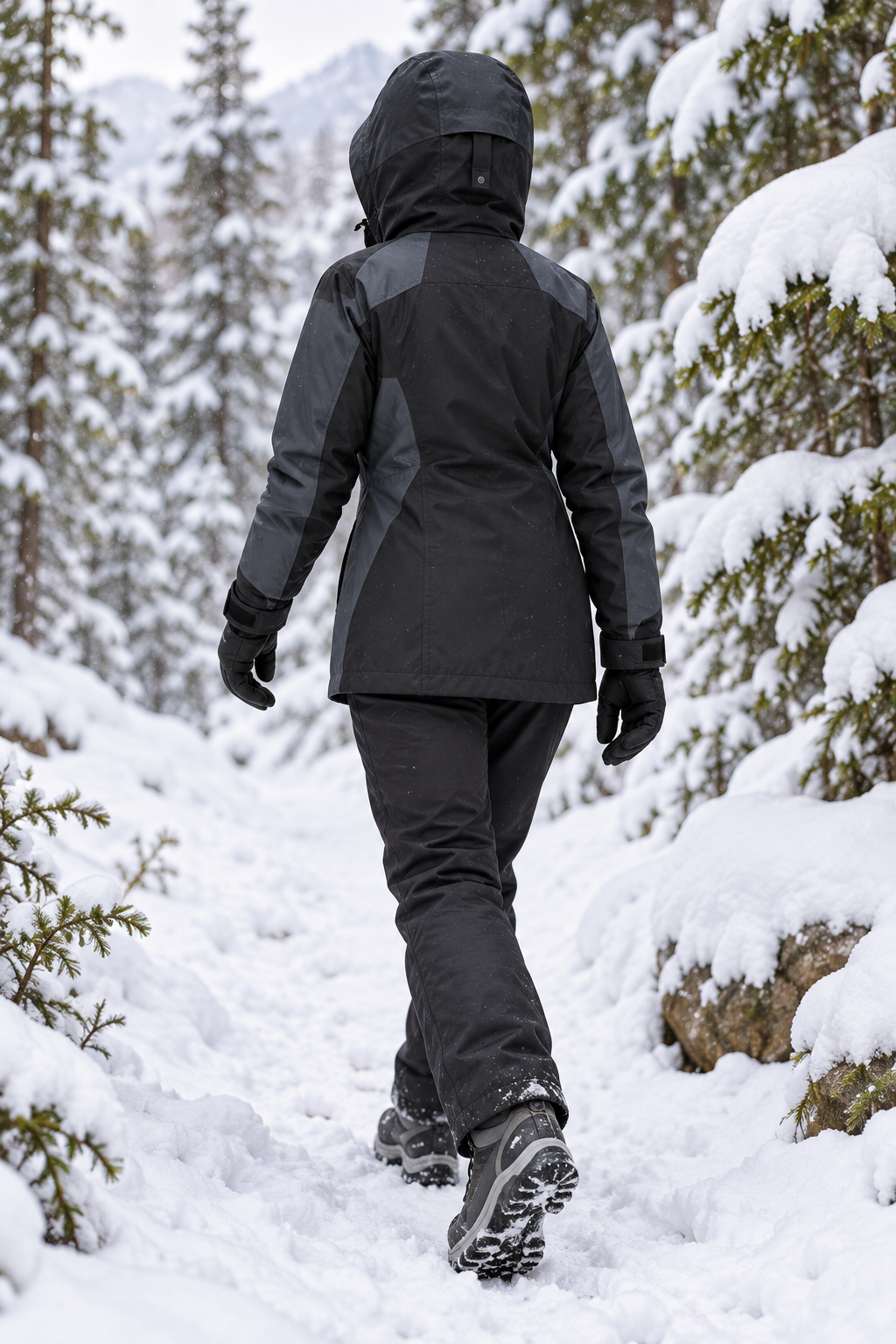 Veste randonnée neige femme noire portée en forêt enneigée
