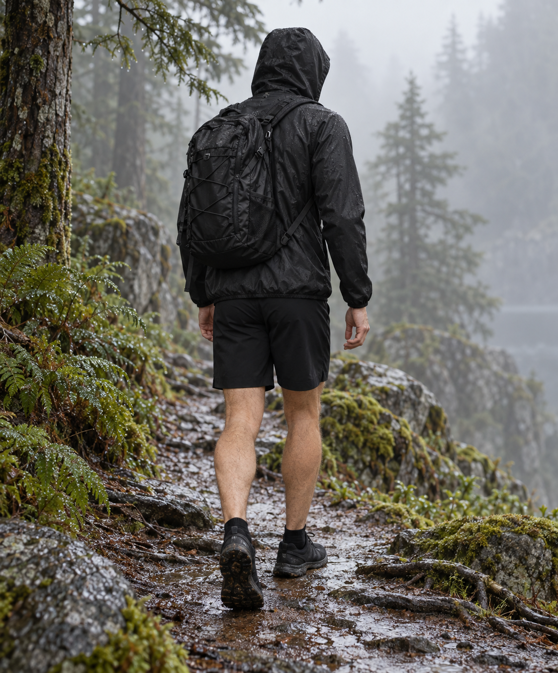 Veste randonnée noire homme portée en forêt humide