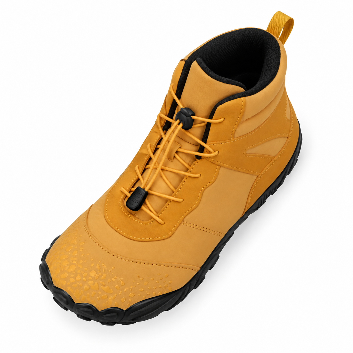 Botte de randonnée jaune – vue du chaussant et du laçage rapide
