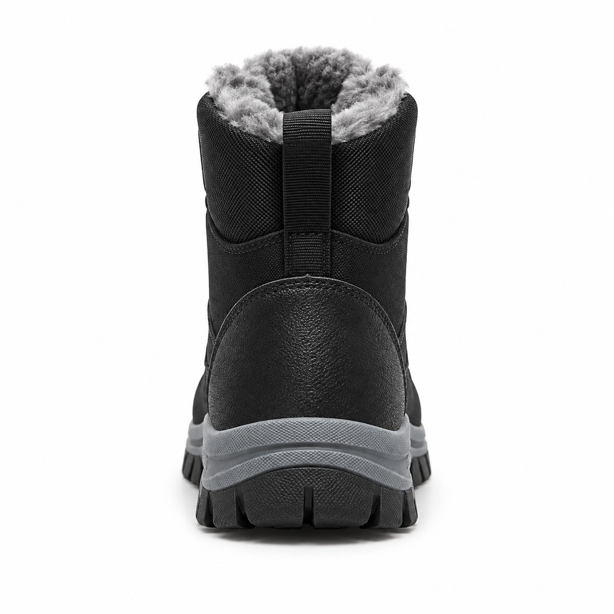 Botte de randonnée noire fourrée vue arrière et maintien du talon