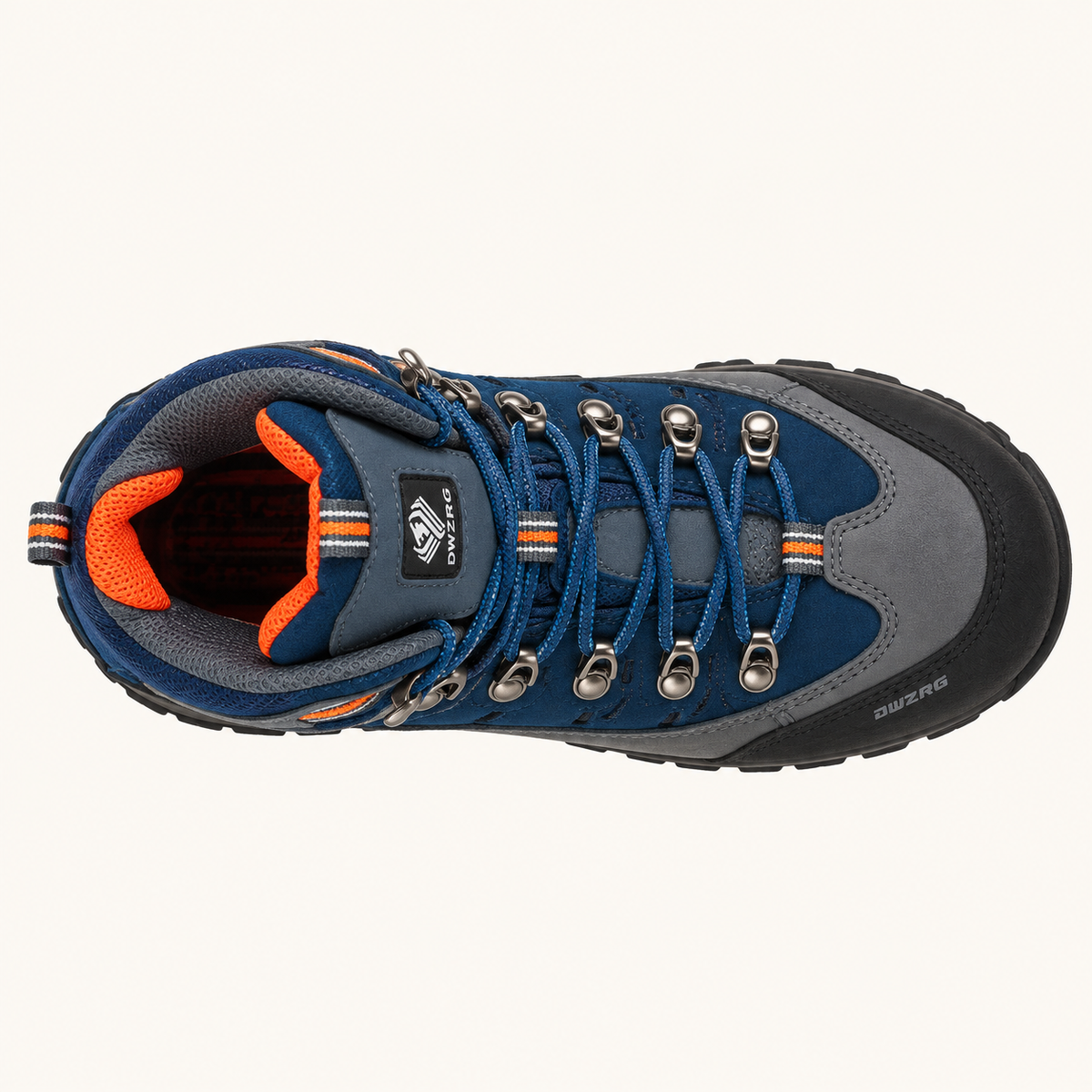 Chaussure randonnée alpinisme homme bleue – vue dessus du laçage et du col