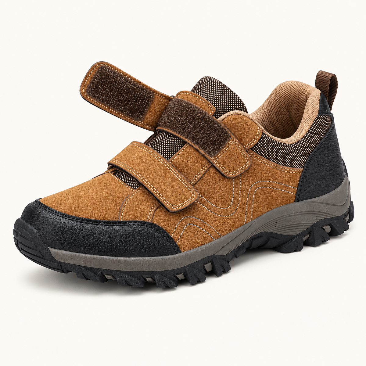 Chaussure de randonnée kaki avec scratch supérieur ouvert et scratch inférieur fermé
