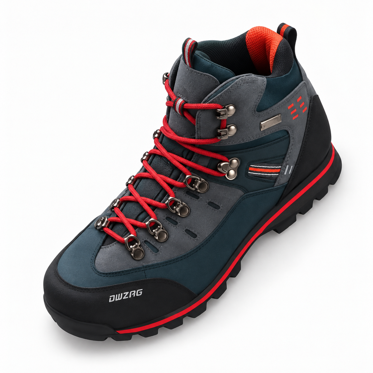 Chaussure randonnée crantée Noire vue du dessus avec col, languette et lacets rouges