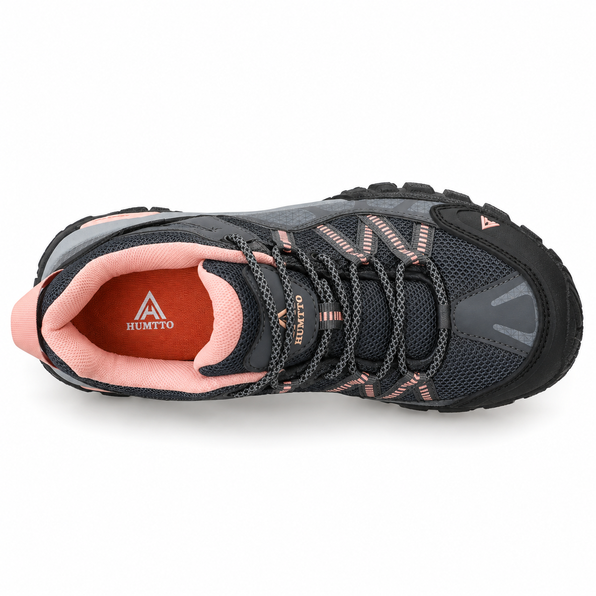 Chaussure randonnée femme vegan noire vue du dessus avec laçage et mesh visibles
