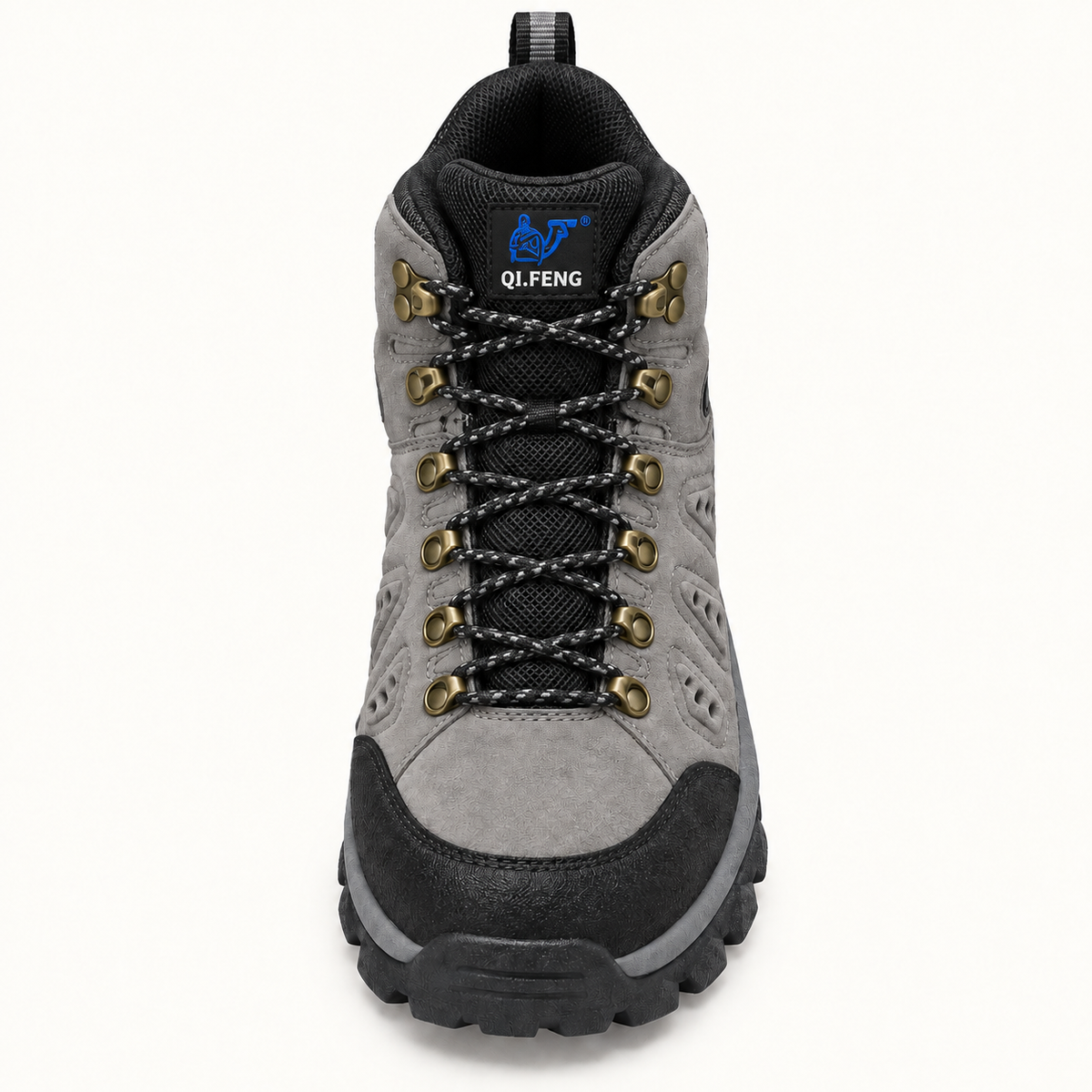 Chaussure randonnée homme cramponnable grise – vue dessus du laçage et du col