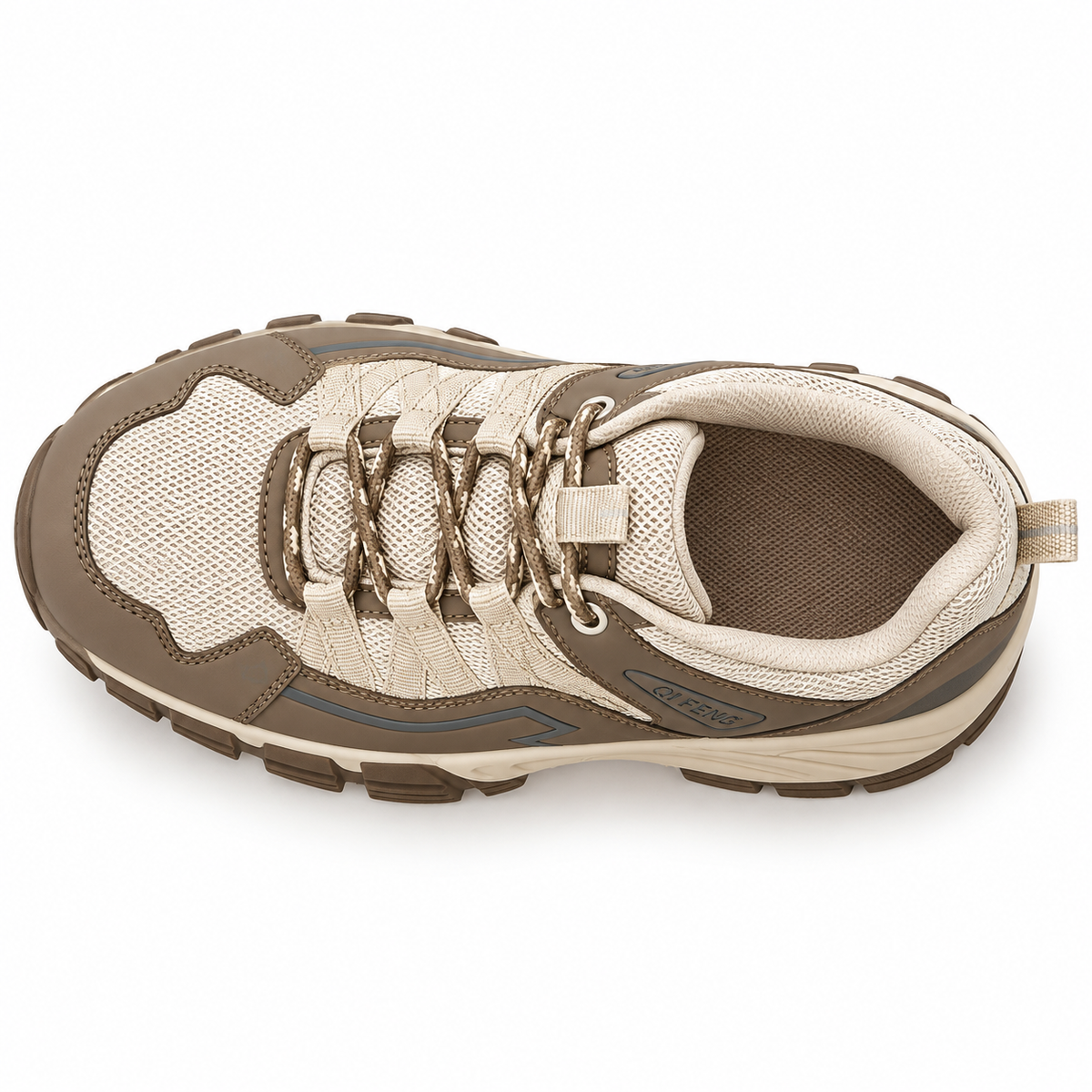 Chaussure randonnée mid cuir homme beige et marron vue du dessus avec maille et laçage