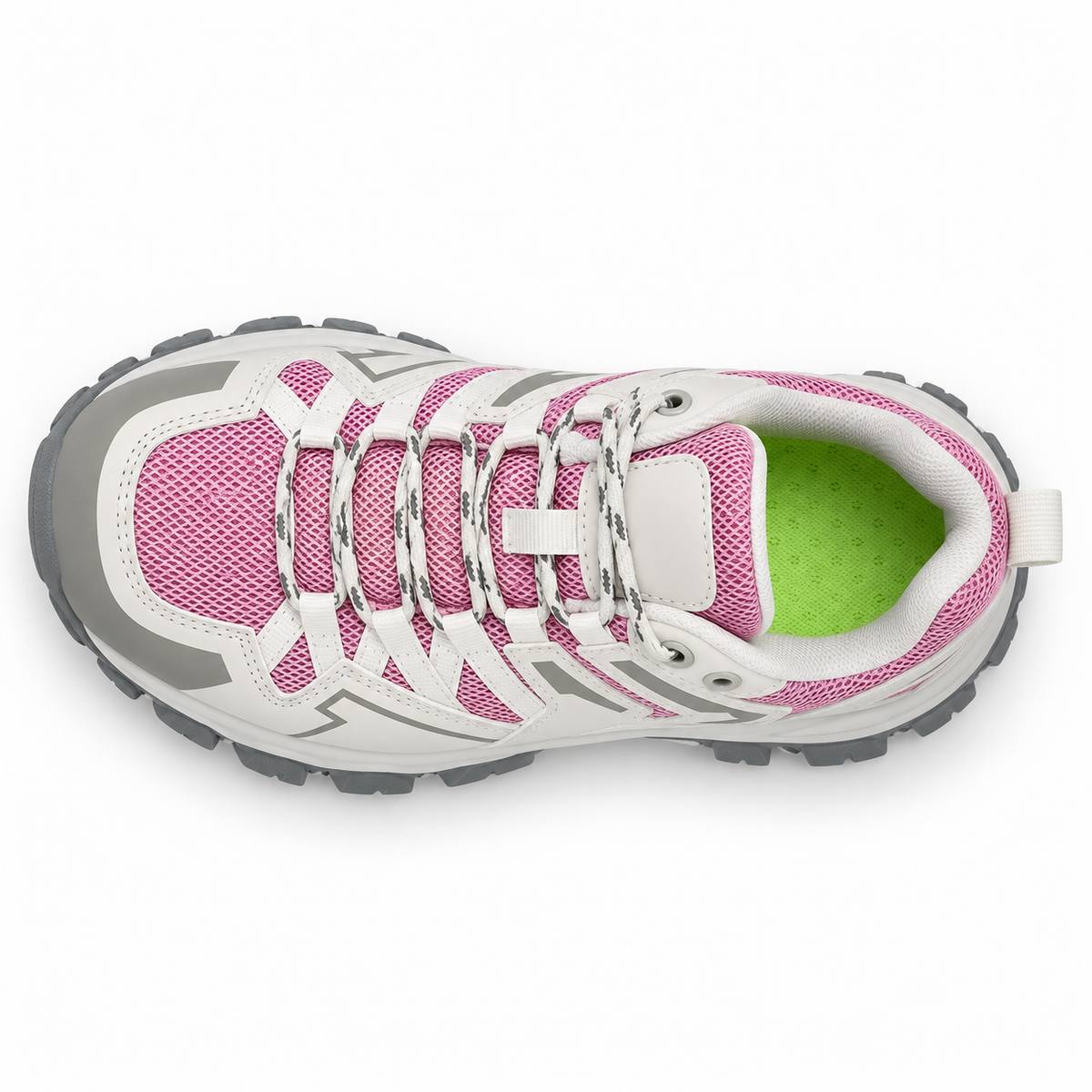 Chaussure de randonnée pieds sensibles rose et grise vue du dessus avec ouverture et laçage
