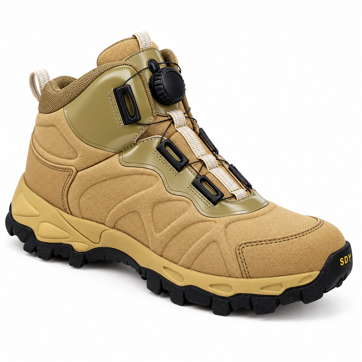 Chaussure style randonnée homme kaki – détail du serrage à molette et du câble
