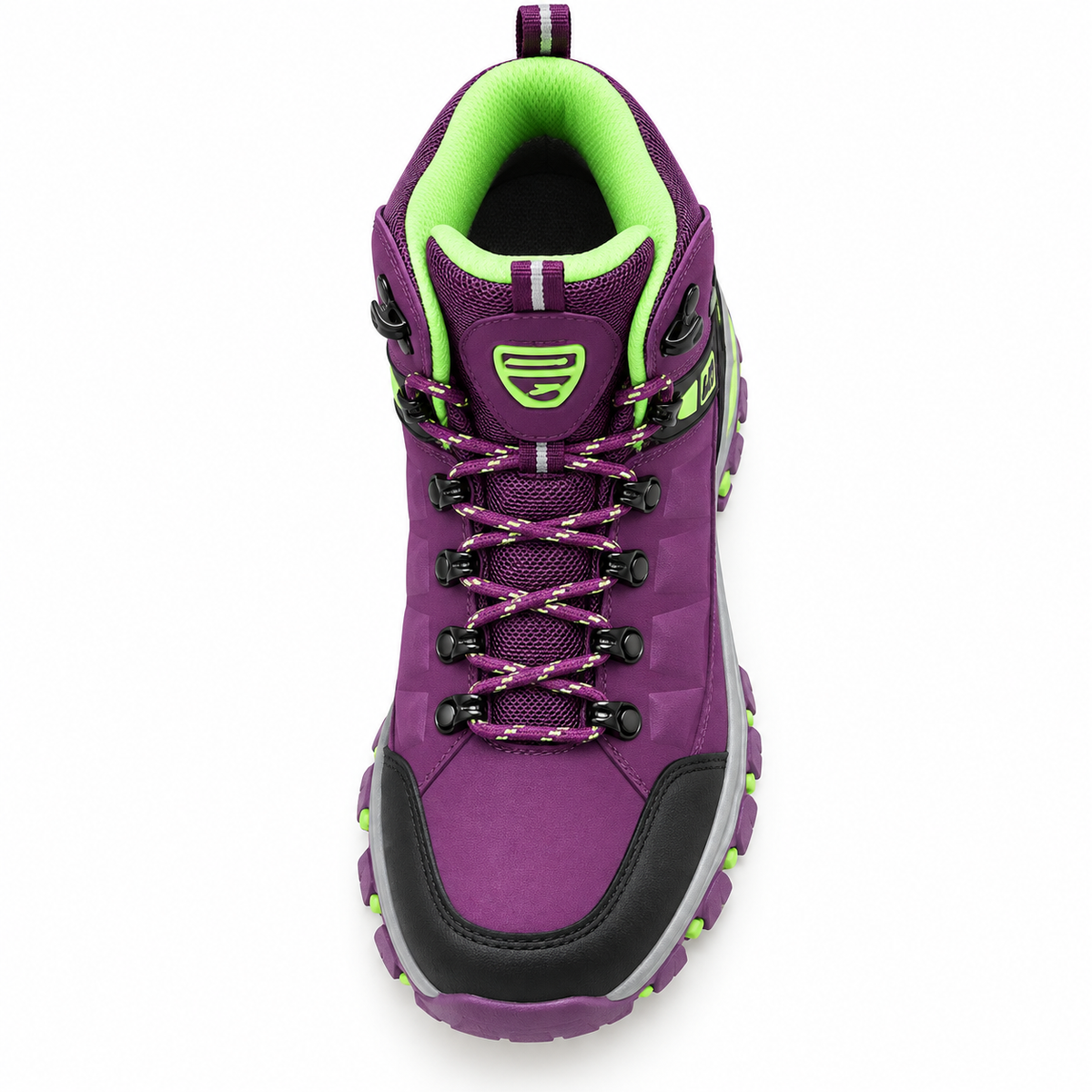 Chaussures randonnée femme montante vert fluo et violet – vue du col et du laçage