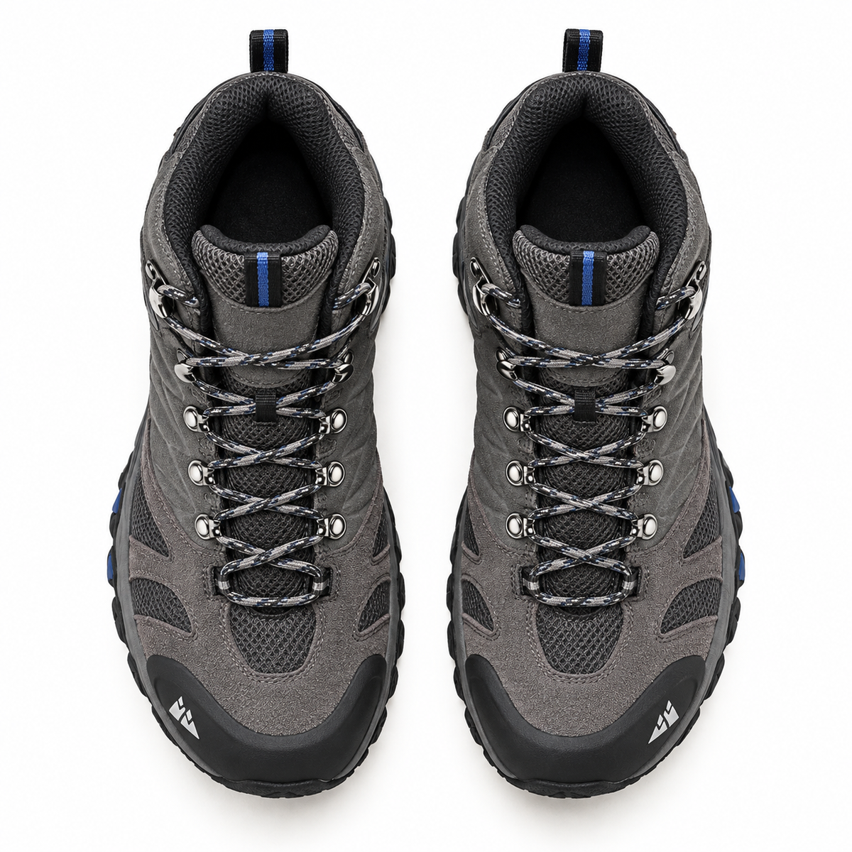 Paire de chaussures de randonnée homme haut de gamme grises vue de dessus sur fond blanc