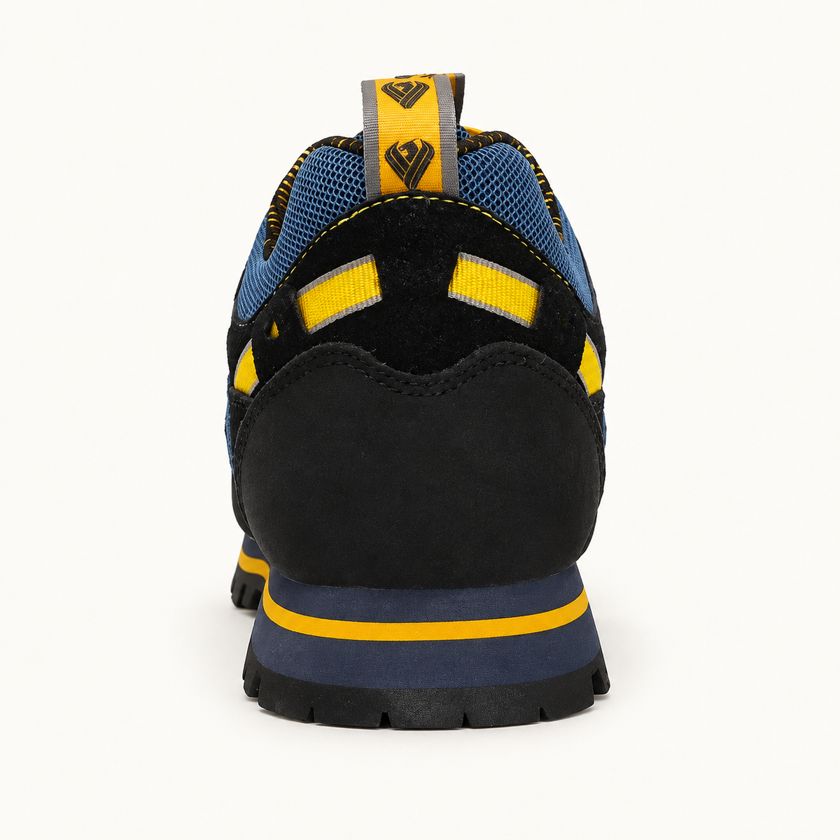 Chaussure randonnée jaune vue arrière montrant col et maintien du talon