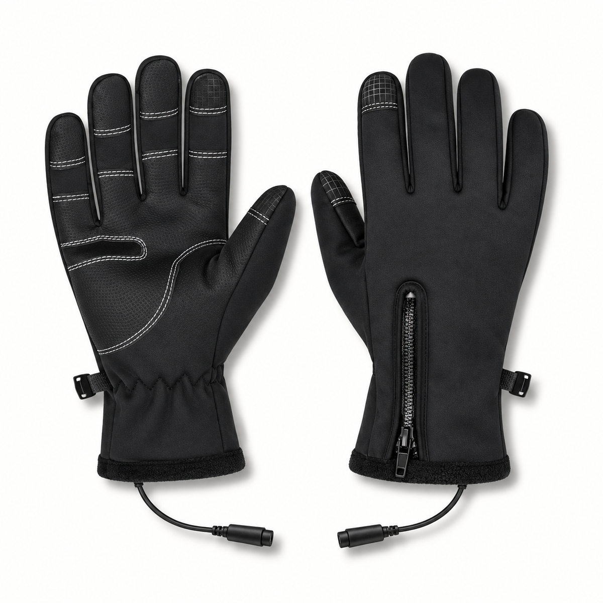 Gants chauffants noirs – dos et fermetures zippées