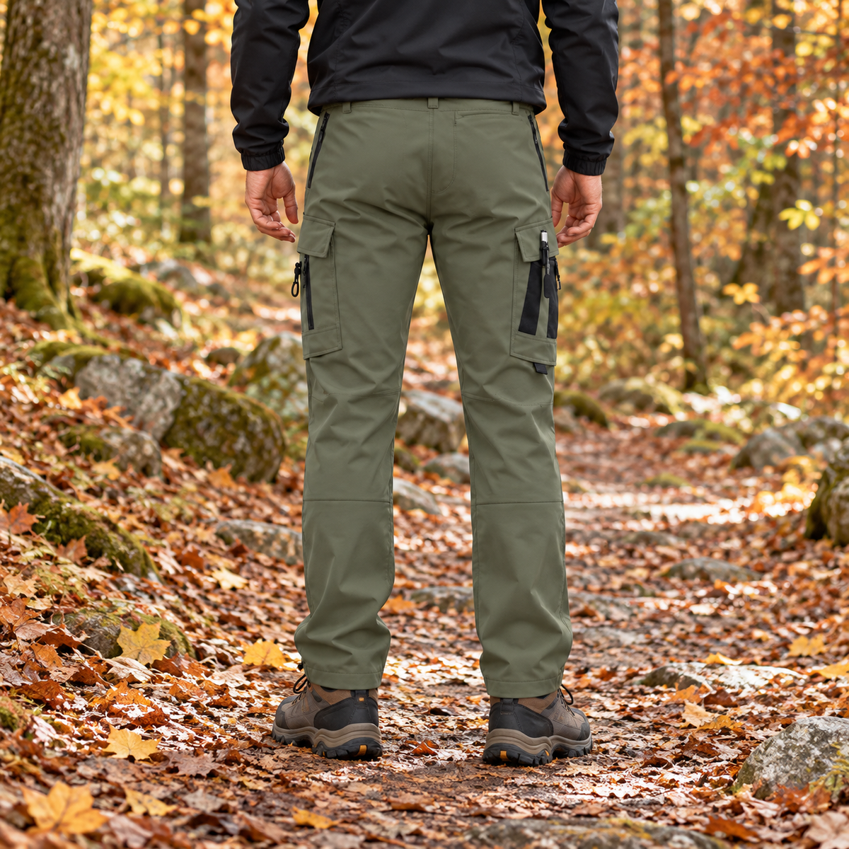 Pantalon randonnée automne homme vert porté de dos sur sentier