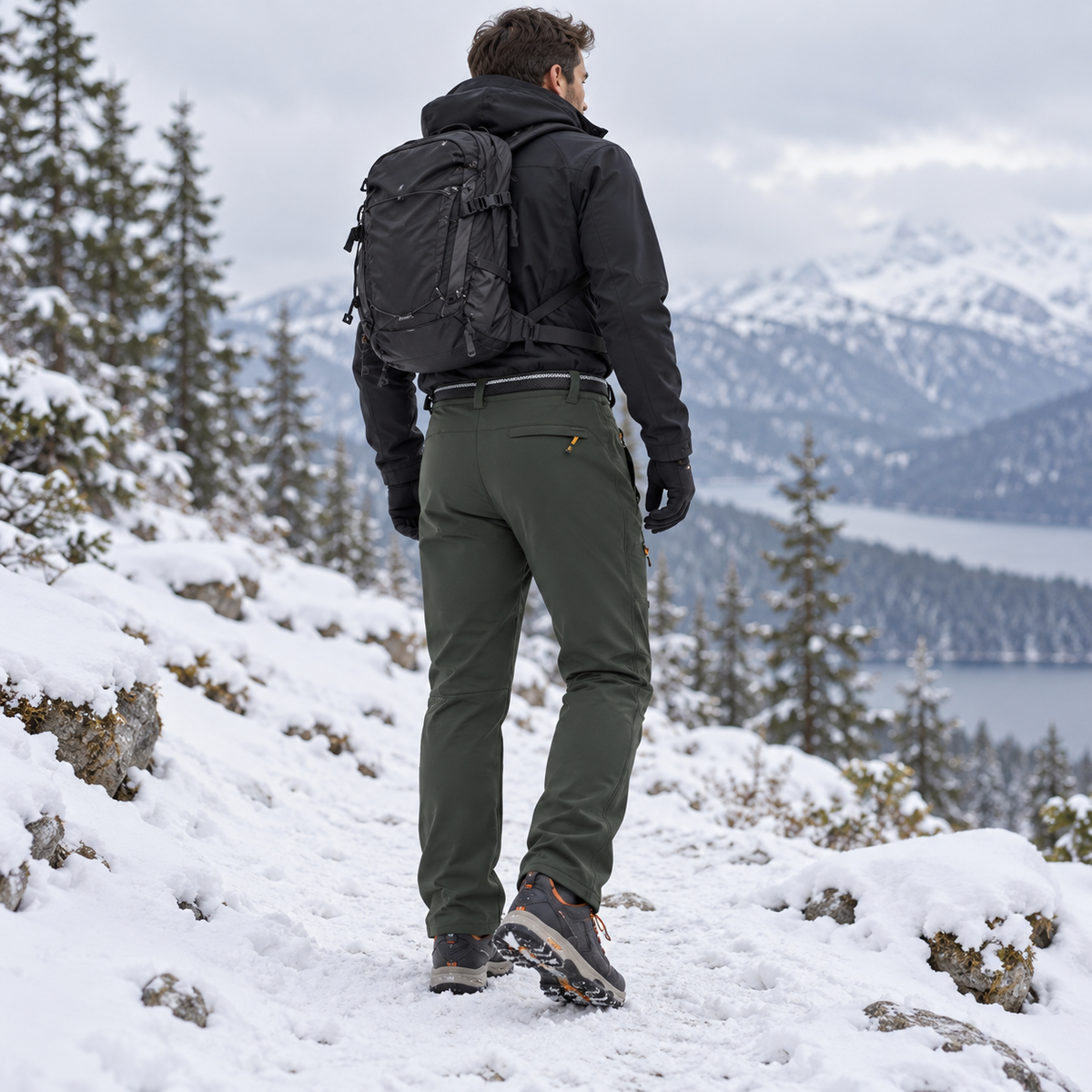 Pantalon randonnée neige homme vert foncé porté de dos dans la neige