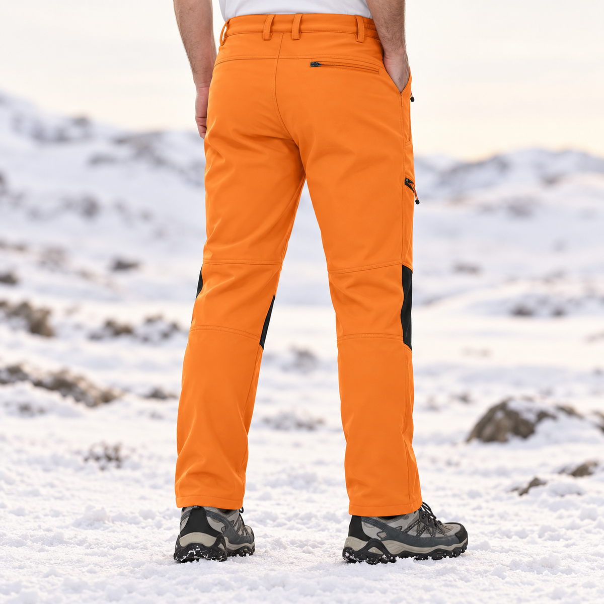 Pantalon randonnée raquette homme orange porté – vue arrière