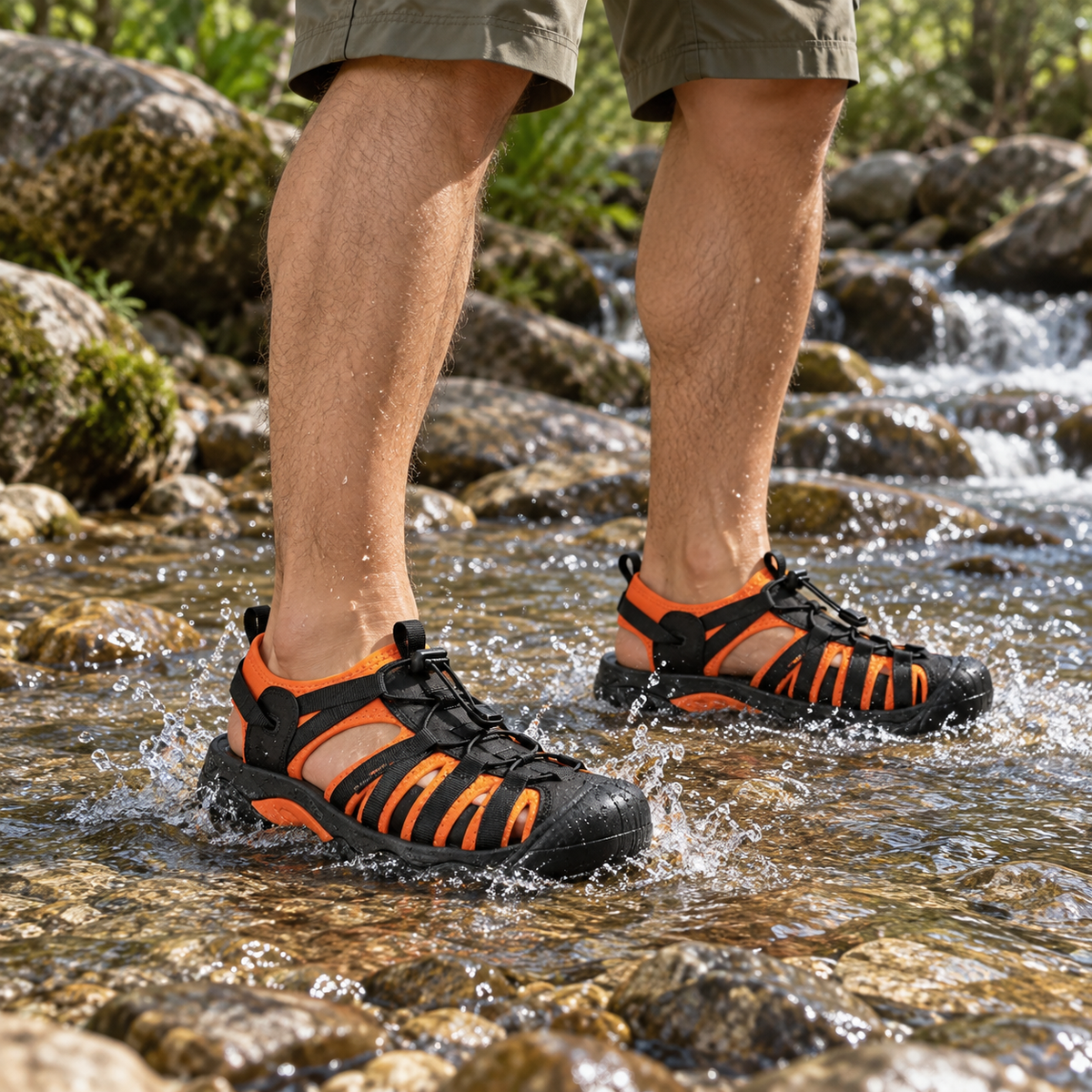 Sandales randonnée orange dans un ruisseau