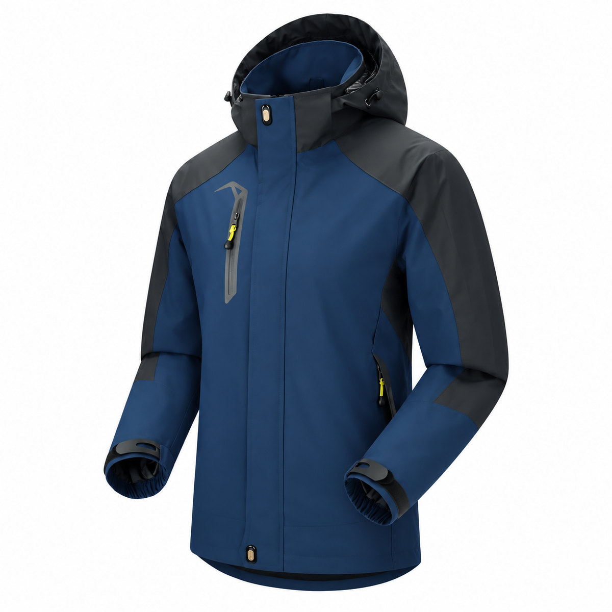 Veste femme de randonnée bleu marine et noire vue trois-quarts sur fond blanc