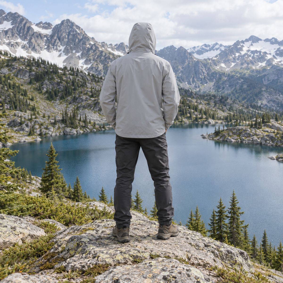 Veste légère randonnée homme grise portée – vue de dos