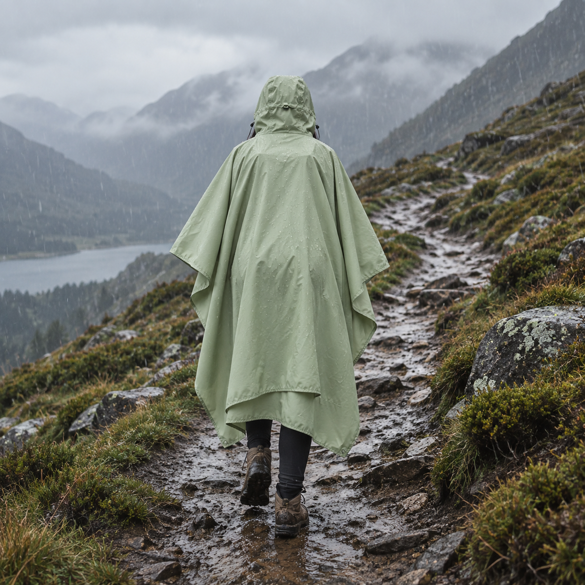 Poncho long imperméable de randonnée vert – vue de dos sous la pluie