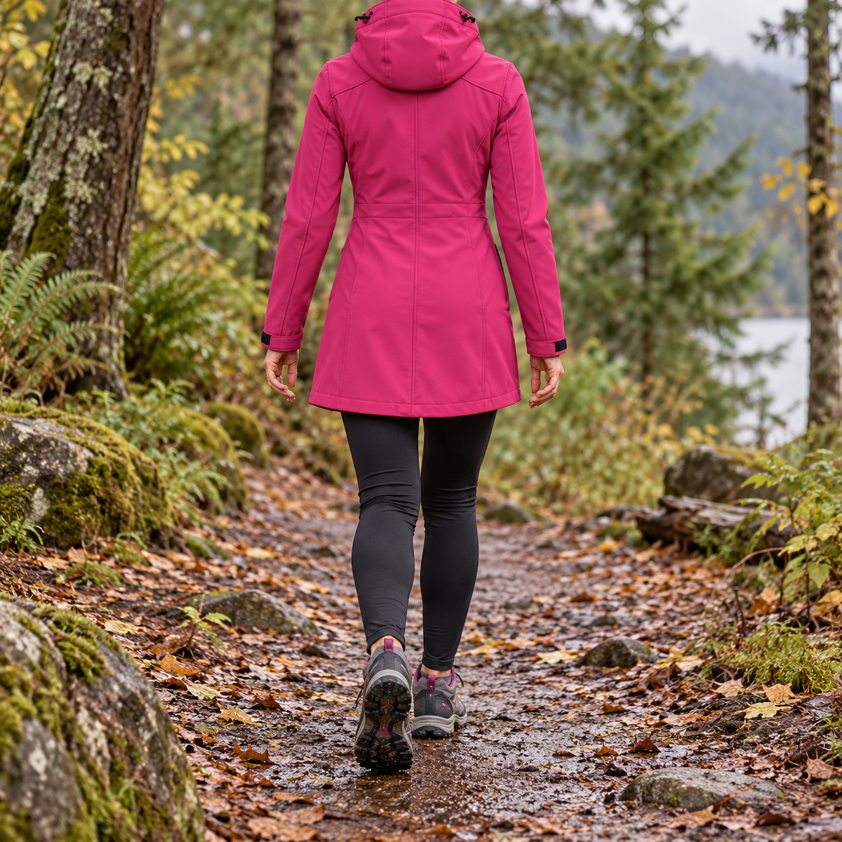 Veste longue randonnée femme rose portée – dos et capuche