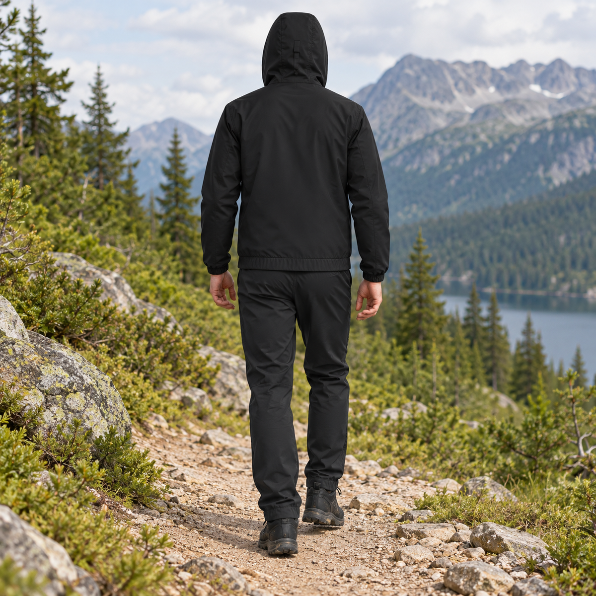 Veste de randonnée mi-saison homme noire portée de dos