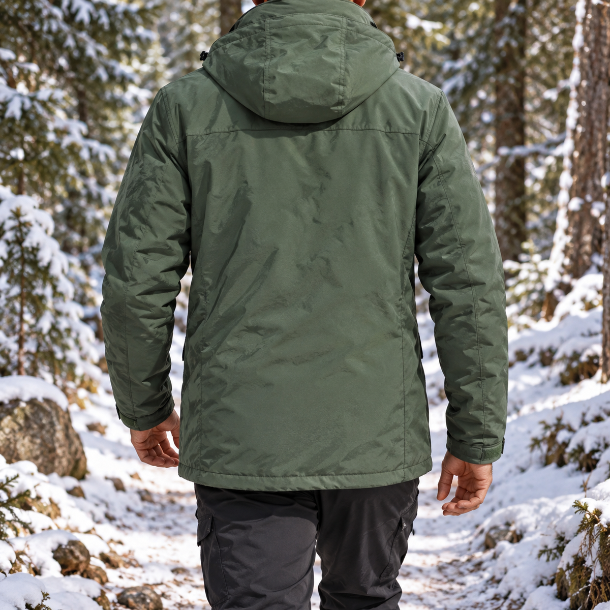 Veste parka randonnée homme vert armé portée de dos