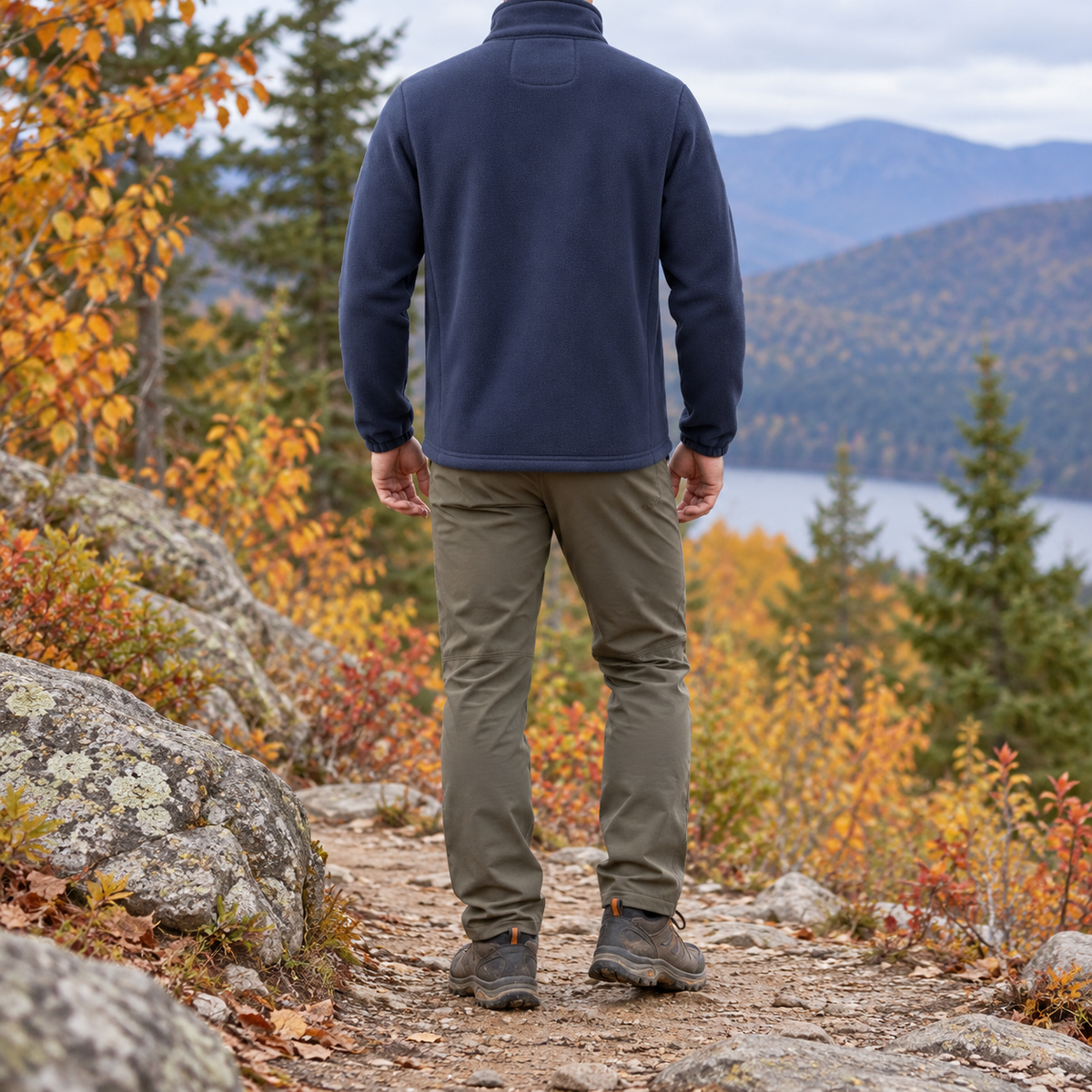 Veste polaire chaude de randonnée bleu marine portée de dos
