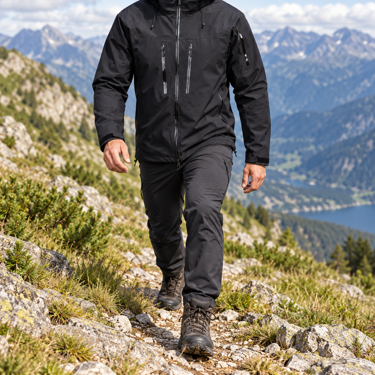 Veste randonnée 3 en 1 homme noire portée en mouvement