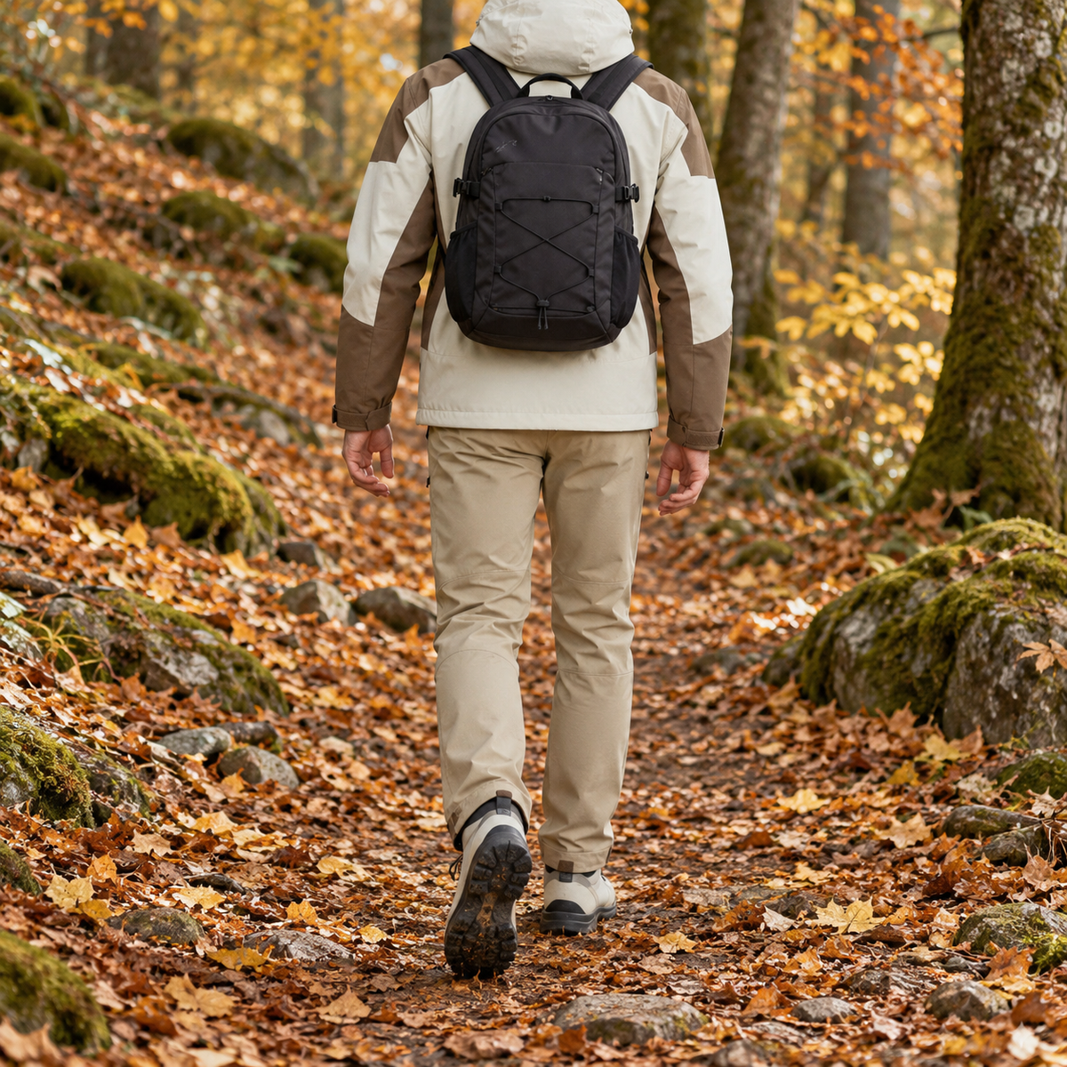 Veste randonnée automne beige portée de dos avec un sac