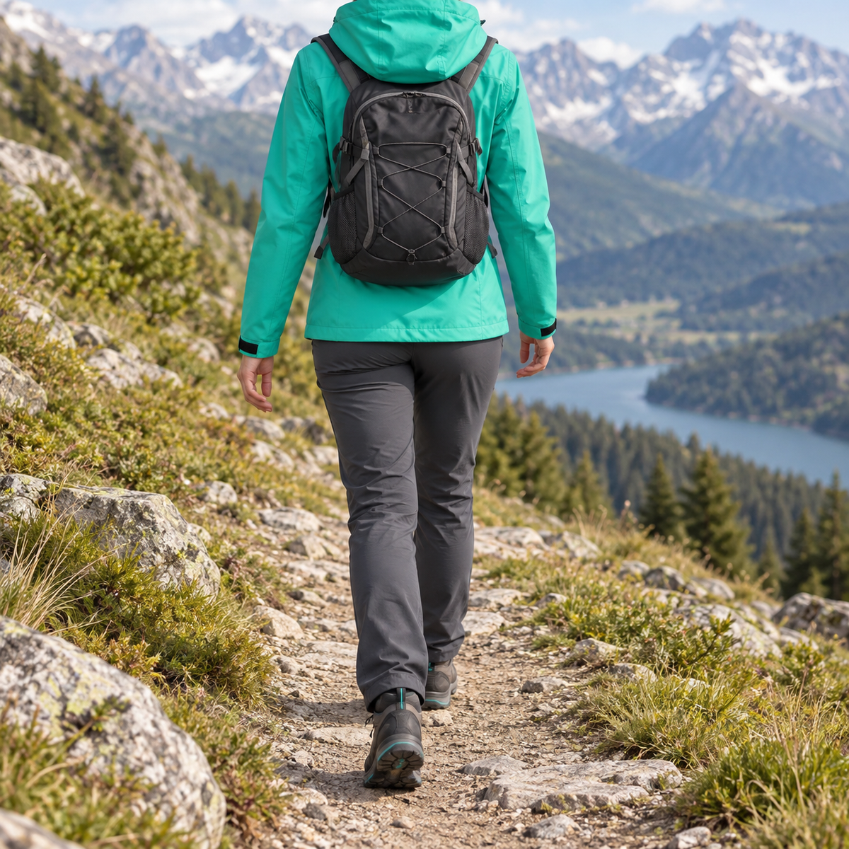 Veste randonnée femme verte portée de dos avec un sac