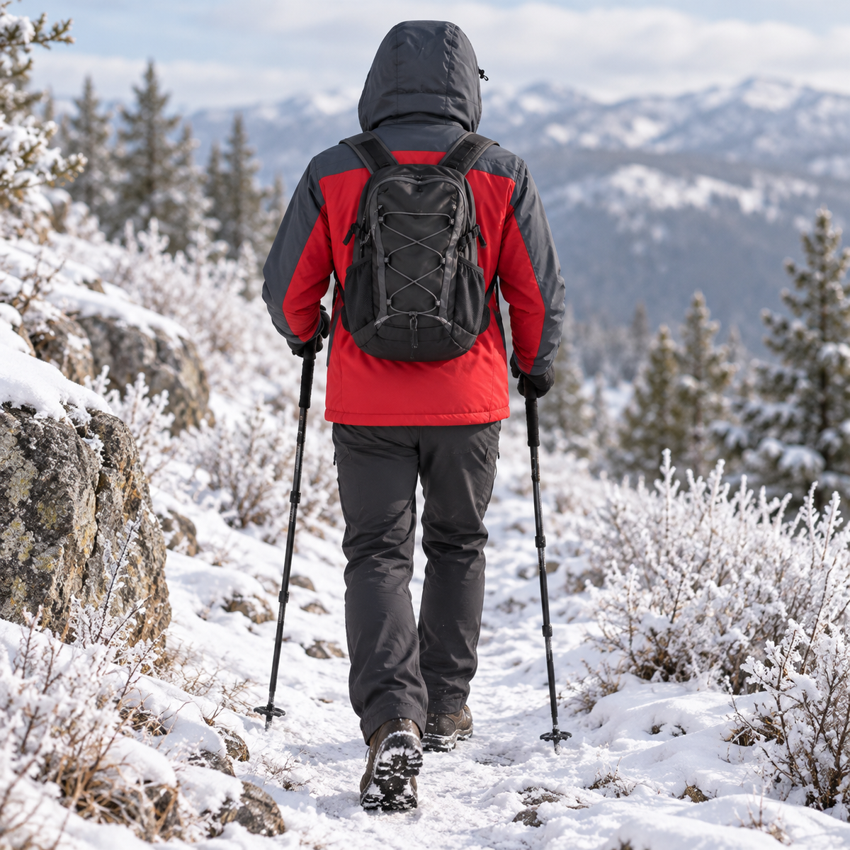 Veste randonnée grand froid rouge et grise portée de dos avec sac