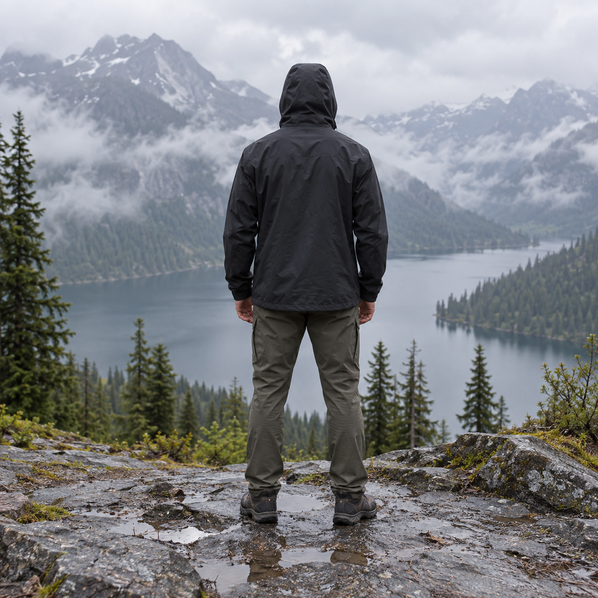 Veste randonnée homme déperlante noire portée – vue de dos