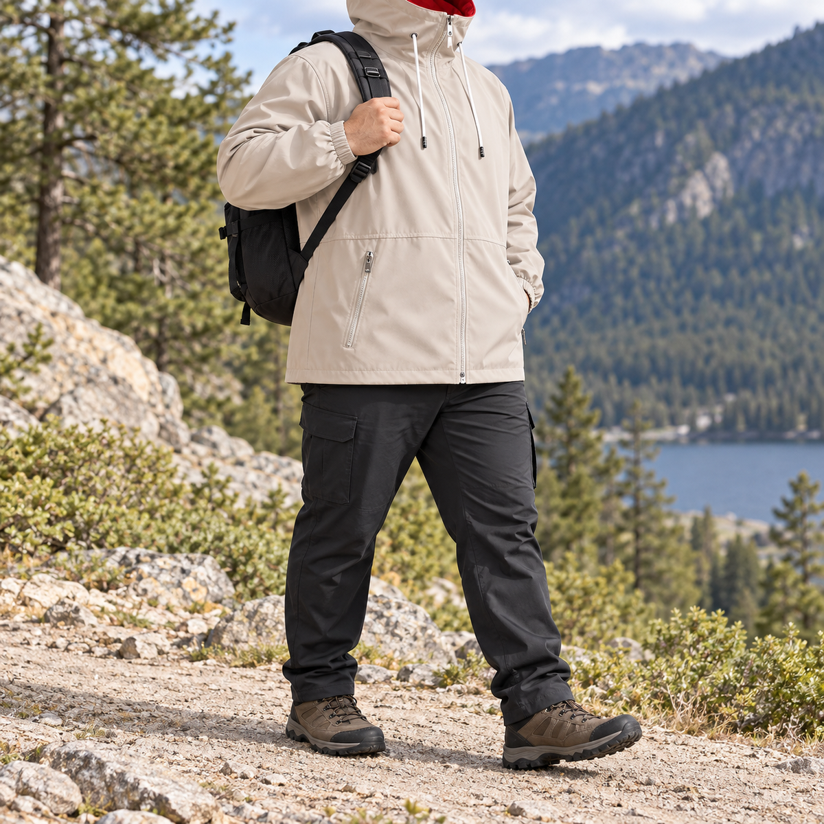 Veste randonnée imperméable grande taille beige – aisance aux épaules