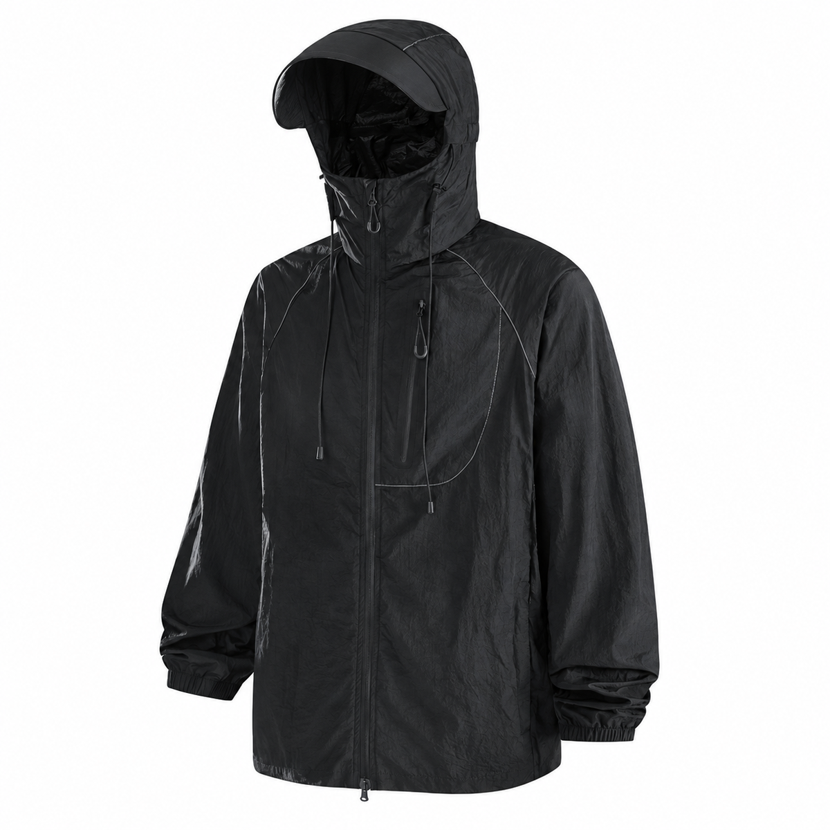 Veste de randonnée imperméable noire en vue trois-quarts avec capuche et poches