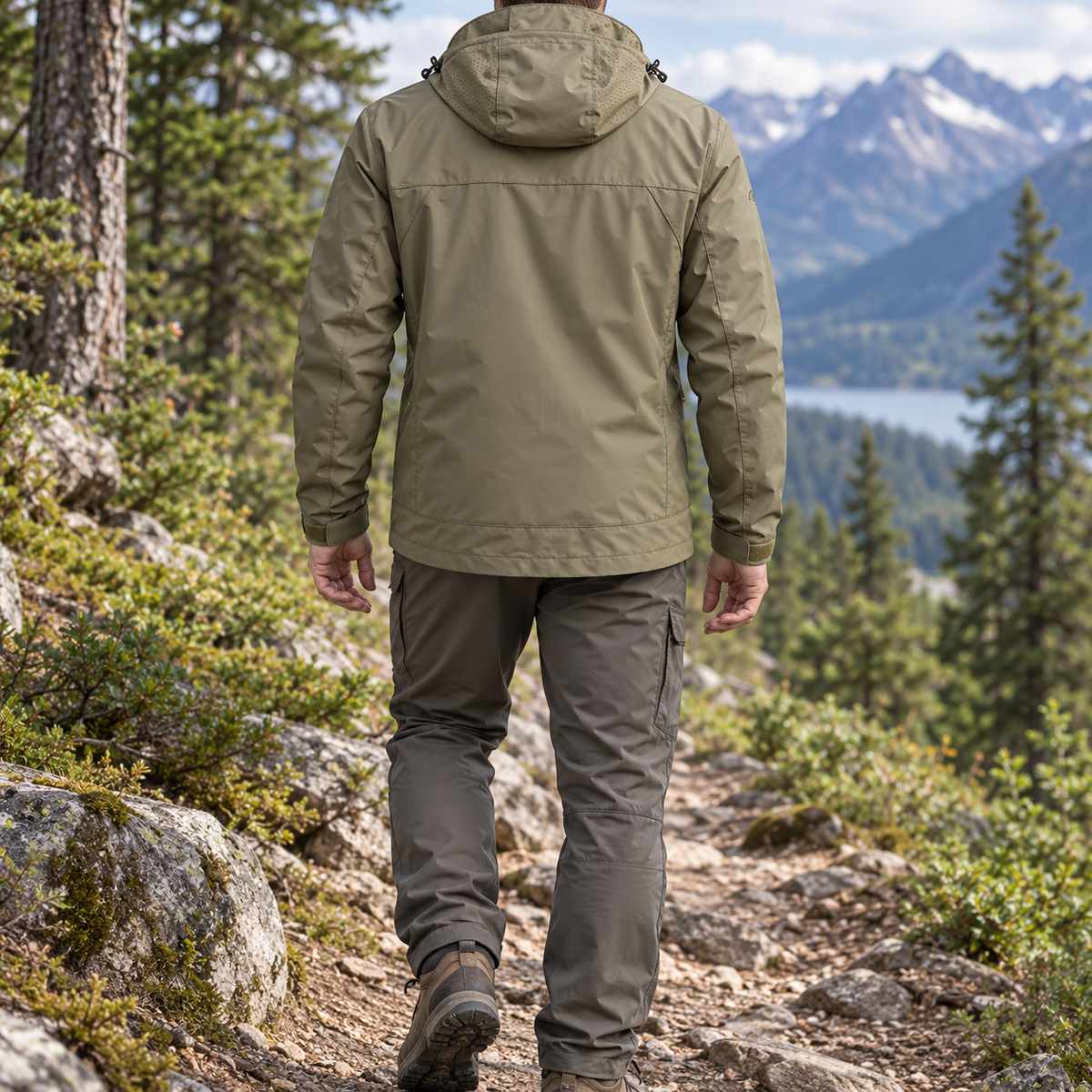 Veste de randonnée kaki portée de dos sur sentier