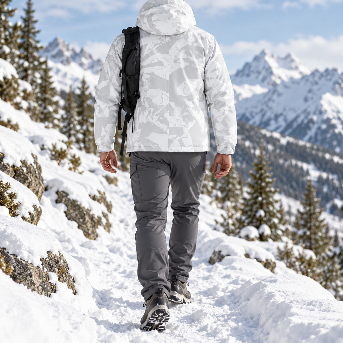 Veste randonnée neige homme blanche portée de dos