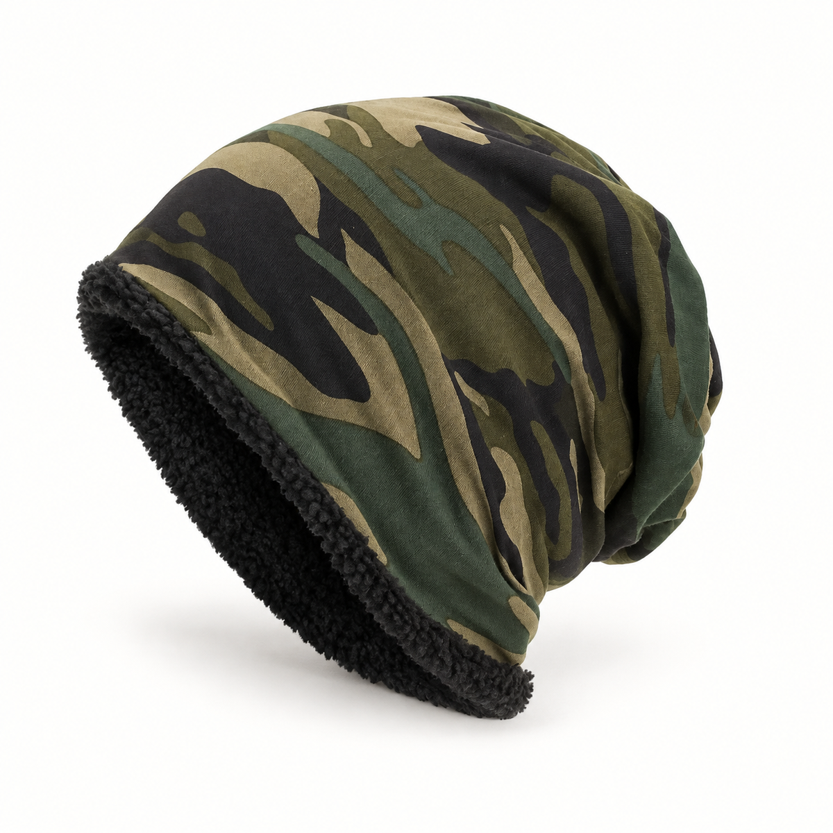 Bonnet randonnée hiver vert armé – ouverture et doublure sherpa