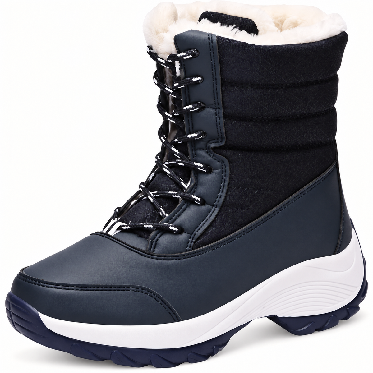 Botte randonnée neige femme bleu marine détail du laçage et de la tige