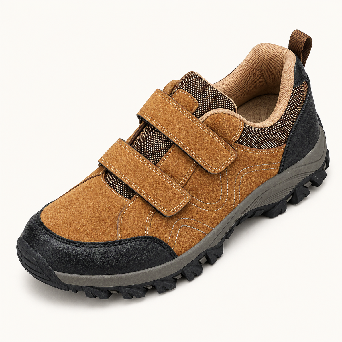 Chaussure de randonnée kaki vue de dessus avec deux scratchs et col rembourré
