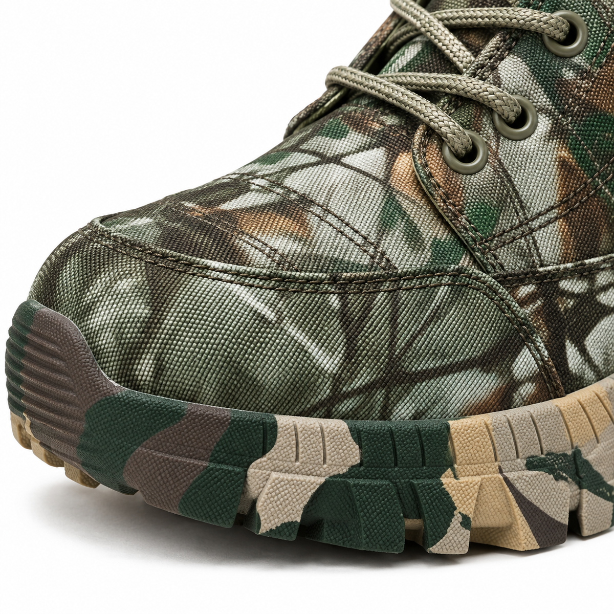 Chaussure randonnée camouflage verte – détail du textile et de l’avant