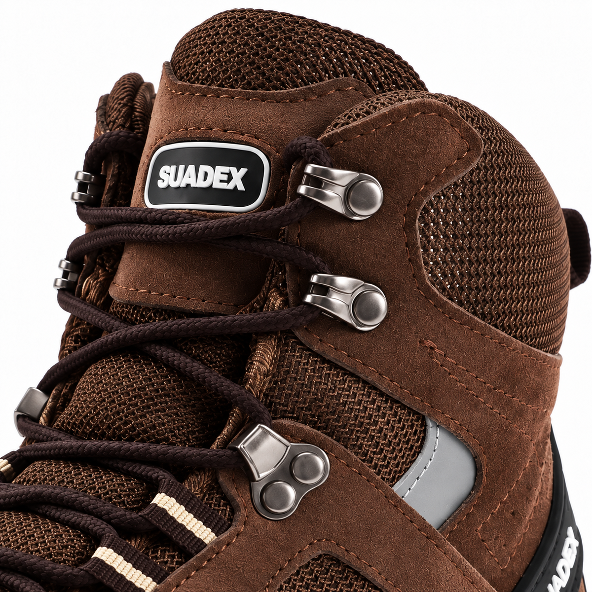 Chaussure randonnée coquée marron – détail laçage et tige