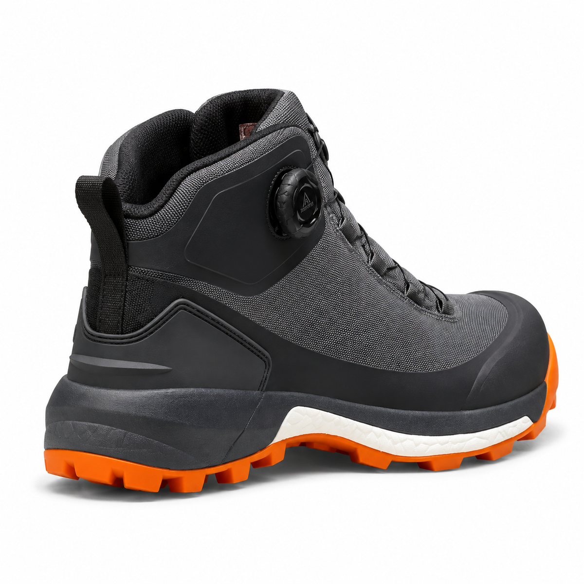Chaussure de randonnée femme orthopédique grise vue arrière trois-quarts avec col et talon