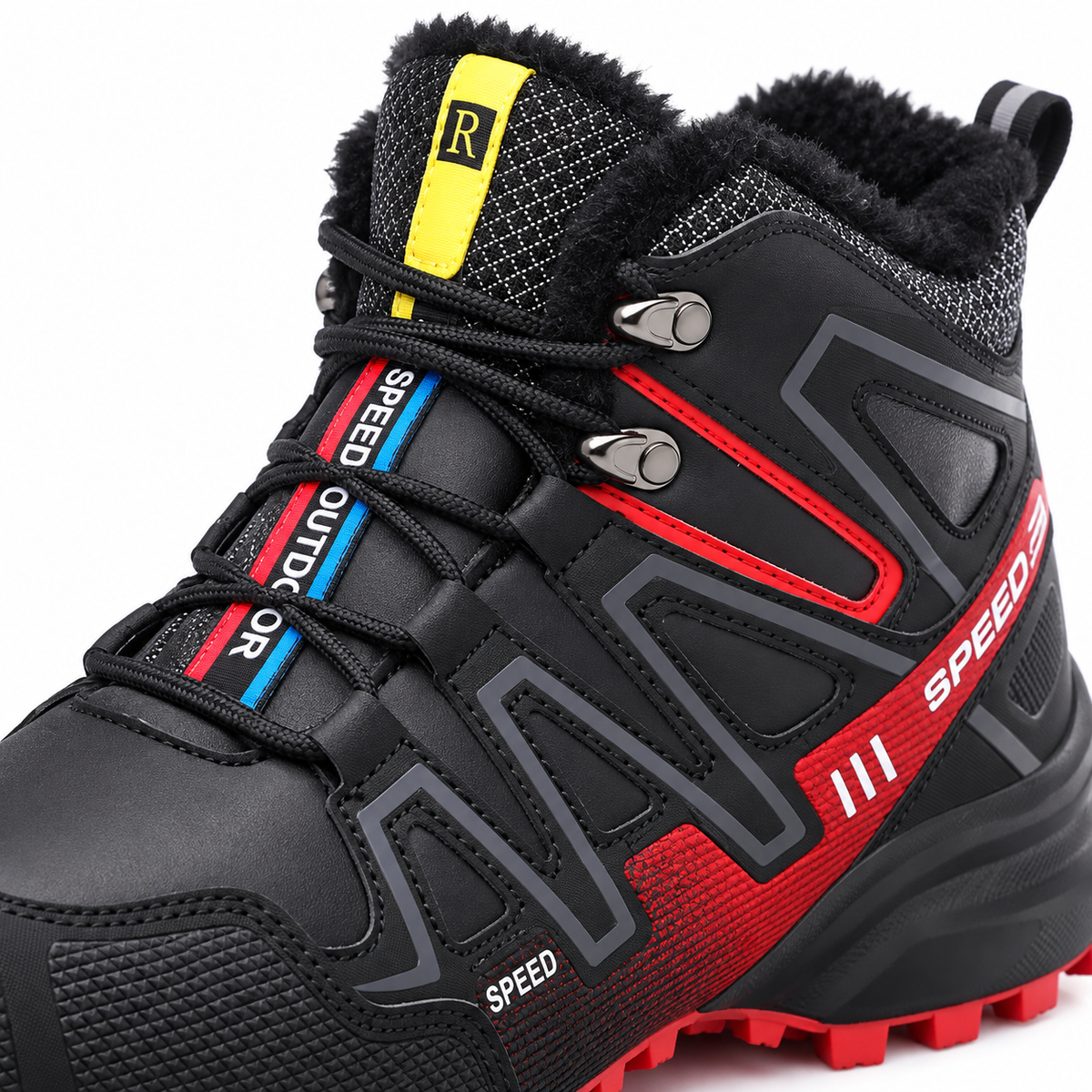Chaussure randonnée hiver homme rouge – détail col fourré, crochets et laçage