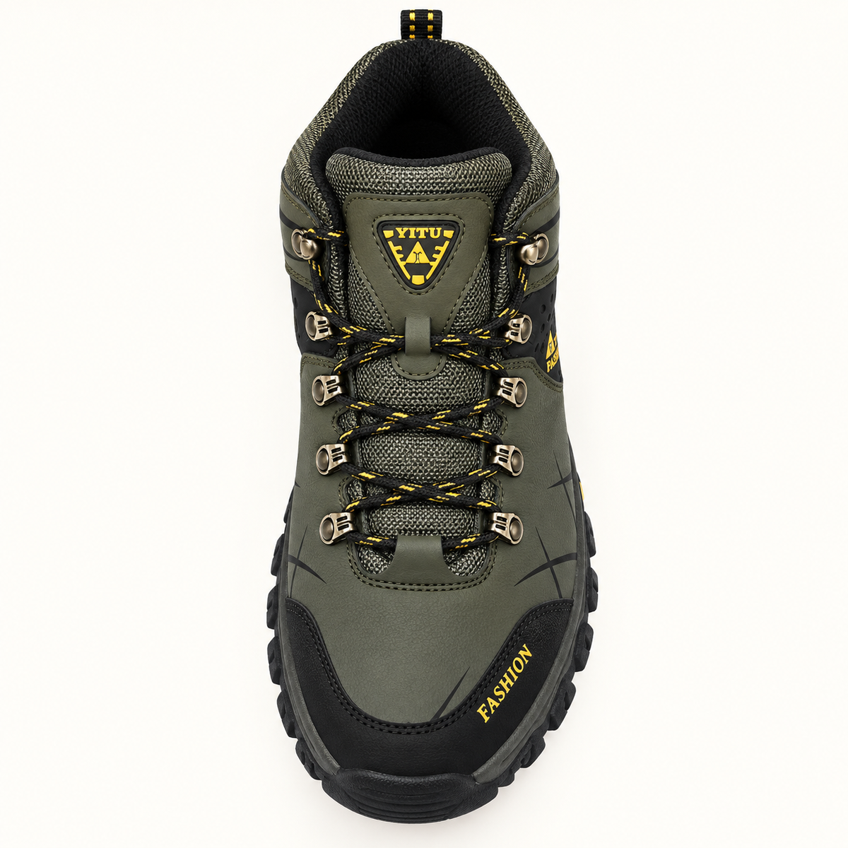 Chaussure randonnée hiver imperméable verte – vue dessus du laçage et du col