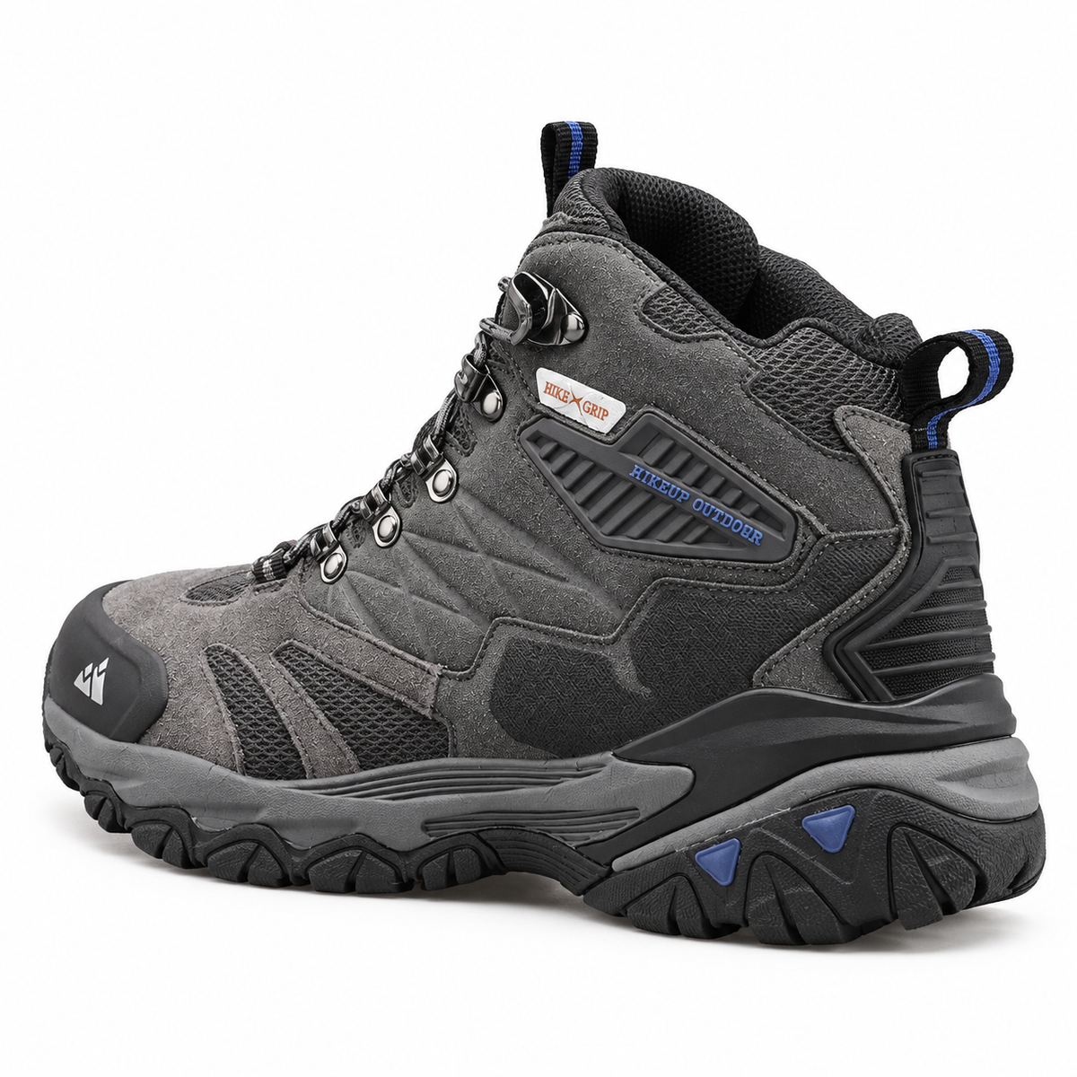 Chaussure de randonnée homme haut de gamme grise vue arrière trois-quarts avec talon et semelle visibles