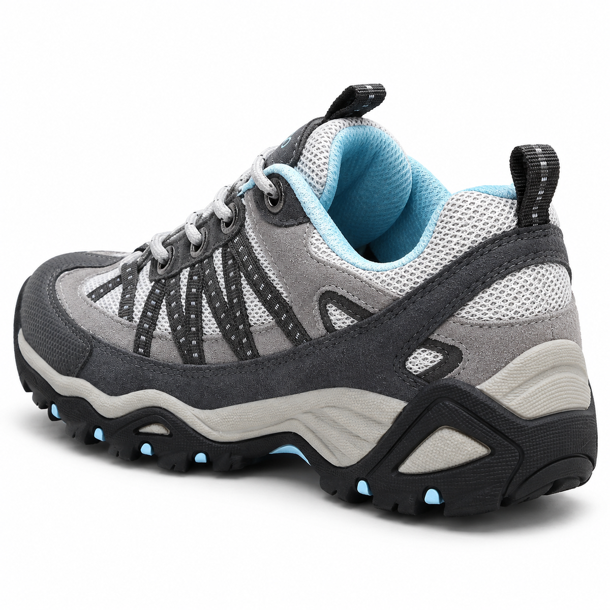 Chaussure randonnée mailles grise vue arrière trois-quarts avec col et talon visibles