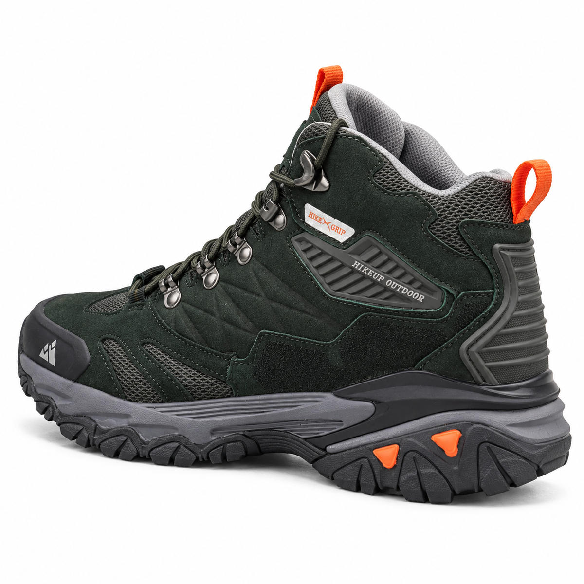 Chaussure de randonnée mid cuir verte vue arrière trois-quarts avec talon et semelle visibles